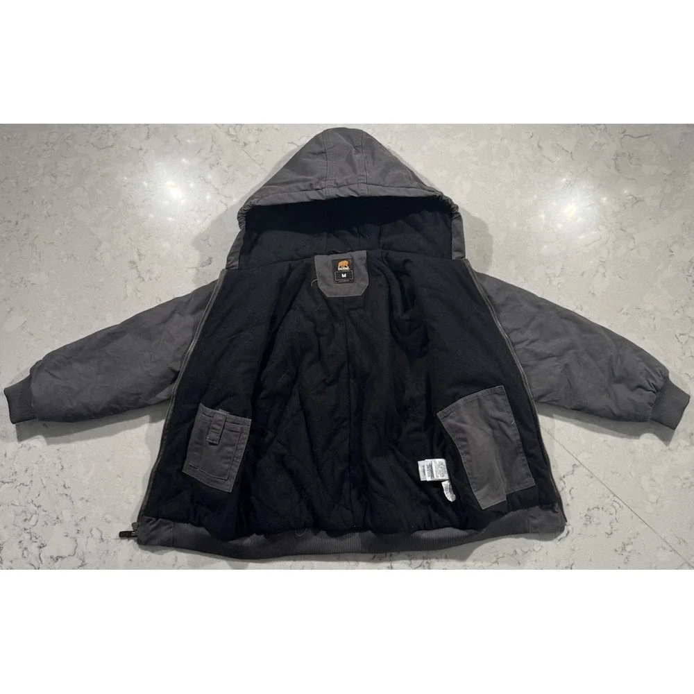 Berne Fleece Lined Canvas Jacket Youth Medium 10-12 Gray Hooded Full Zip Outdoor